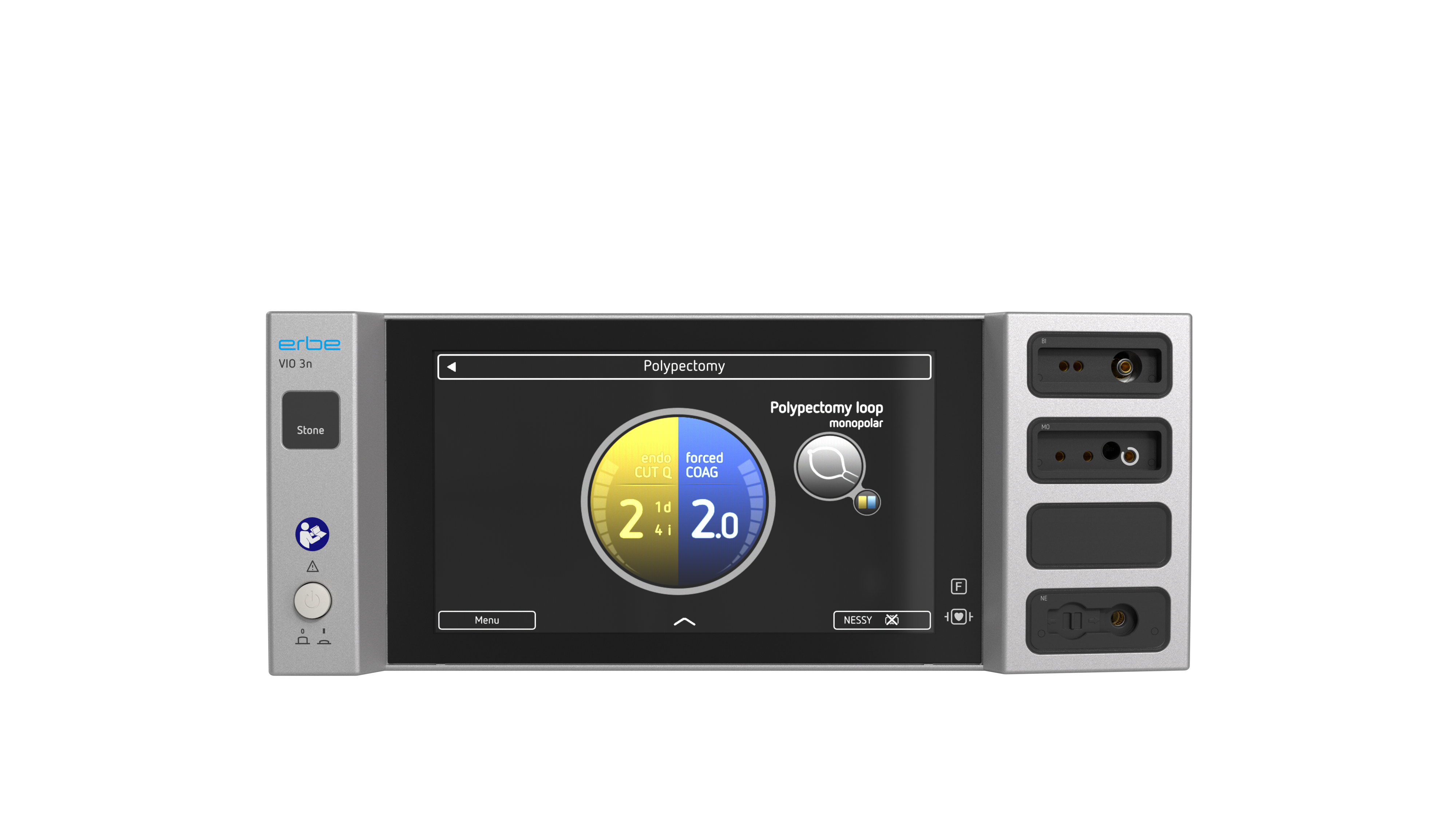 VIO® 3n Stone electrosurgical generator with illuminated display showing endCUT Q and forcedCOAG modes on the user interface.