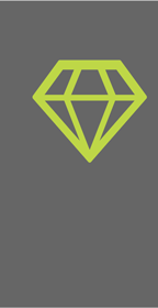 Diamond icon with green outline on grey background.